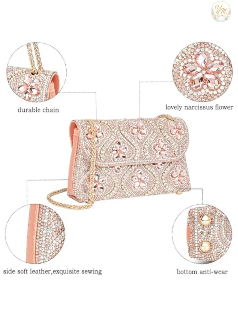 Rhinestone Evening Clutch Bag Chain Strap Square Shoulder Crossbody Purse